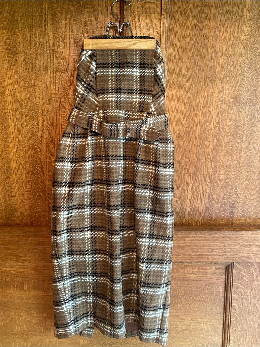 Anthropologie Brown Plaid Strapless Midi Dress with Belt wool blend Sz 12 New